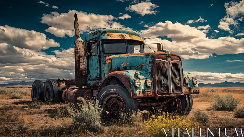 Heavily rusted semi-truck cab decays in arid high-desert scrubland