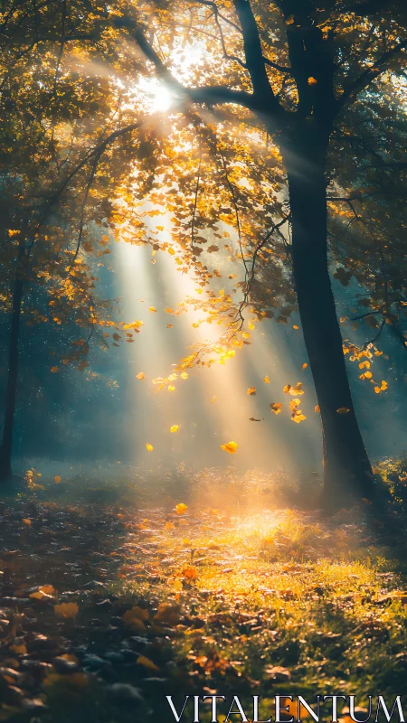 Sunlit forest path with autumn leaves and soft rays.
