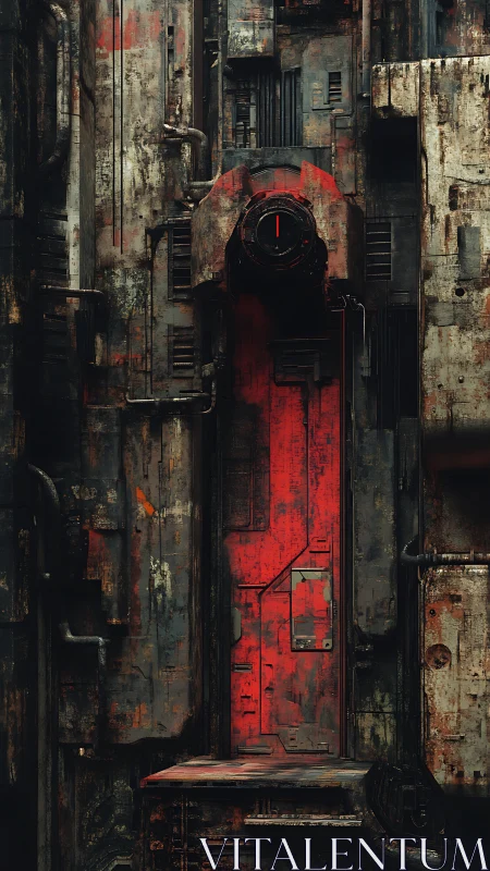 Weathered industrial wall with red mechanical doorway.