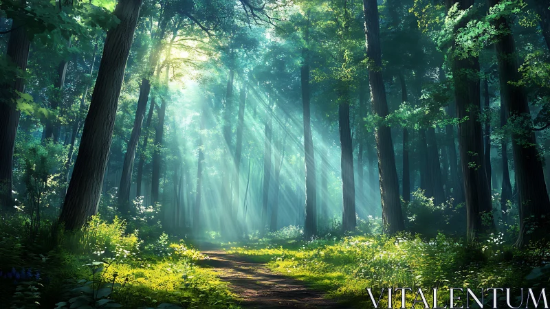Sunlight streaming through lush green forest in realistic style.
