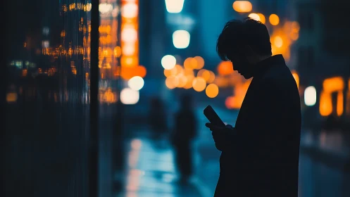 Silhouette of person using phone on wet city street at night.