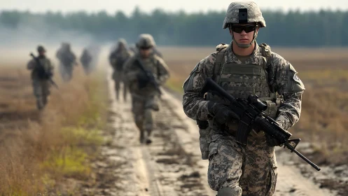 Infantry soldiers patrolling rural dirt road in formation.
