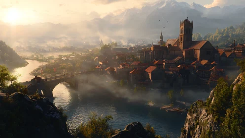 Sunlit medieval riverside town rests beneath misty peaks