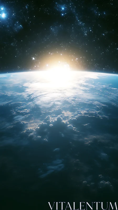 Digital sunrise over Earth horizon above cloud ocean.