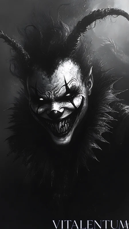 Monochrome demonic clown portrait with high contrast chiaroscuro.