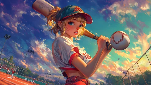 Sunlit anime batter poised with bat under cinematic sky.
