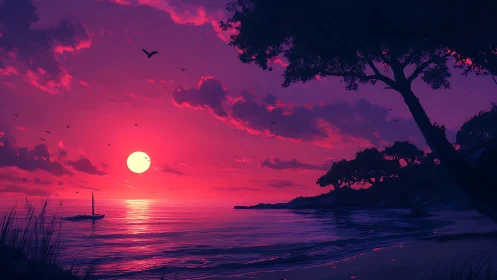 Coastal shoreline and sunset with silhouetted trees and boat.