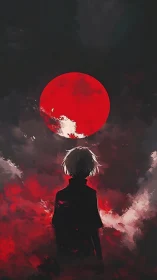 Solitary figure beneath blood-red moon in stormy dusk.