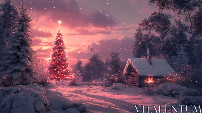 Cozy winter cabin glows beside a magical pink-lit tree
