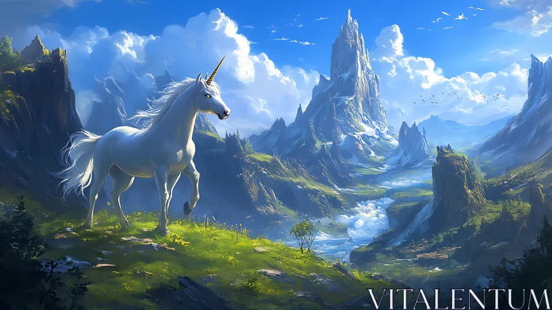 Majestic white unicorn above luminous fantasy valley panorama.