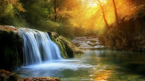 Silky forest waterfall in backlit autumn woodland pool