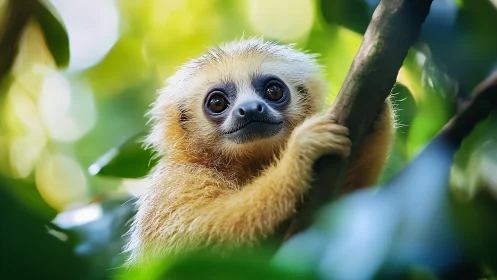Small primate grips tree branch within dense green foliage