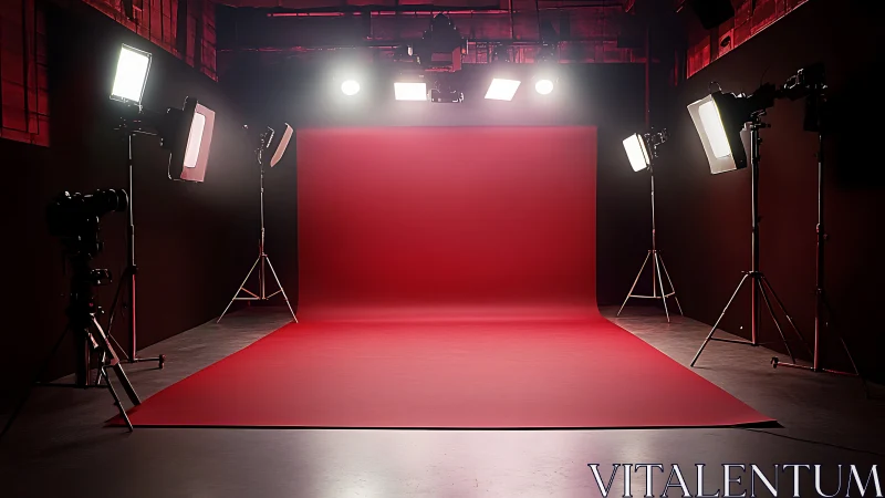 Controlled red cyclorama studio with symmetric light grid.