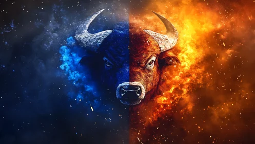 Bull head split by blue cold and orange fire clouds.