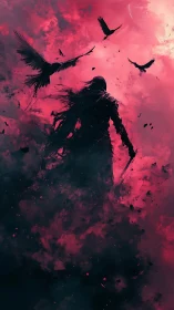 Hooded figure stands in red smoke as black birds circle