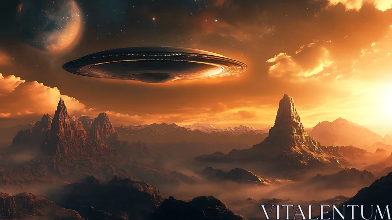 Colossal UFO over alien desert peaks at blazing sunset.