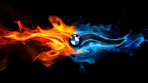 BMW logo positioned between red and blue flame elements on black background.