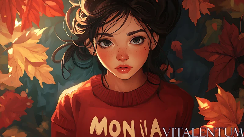 Autumn-eyed dreamer resting in a swirling halo of leaves.