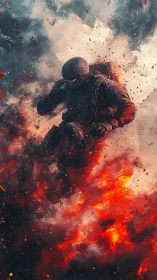 Armored soldier figure moving through dense fiery explosion.