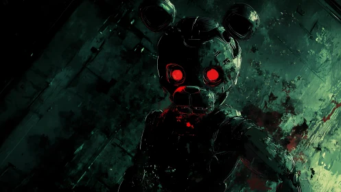 Cybernetic bear animatronic glows with ominous red light.