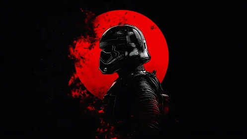 Armored sci fi soldier profile against red circular backdrop.