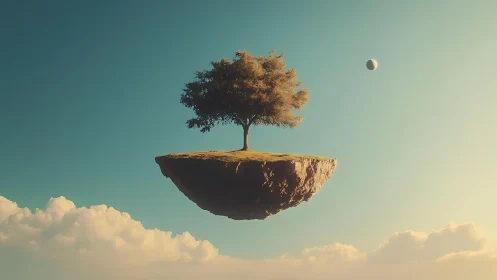 Solitary tree stands on suspended landmass in clear sky
