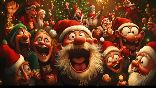 Exaggerated Santa crowd rendered in high-saturation cartoon lighting