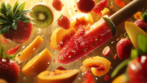 Hyperreal 3D fruit explosion with dynamic knife composition.