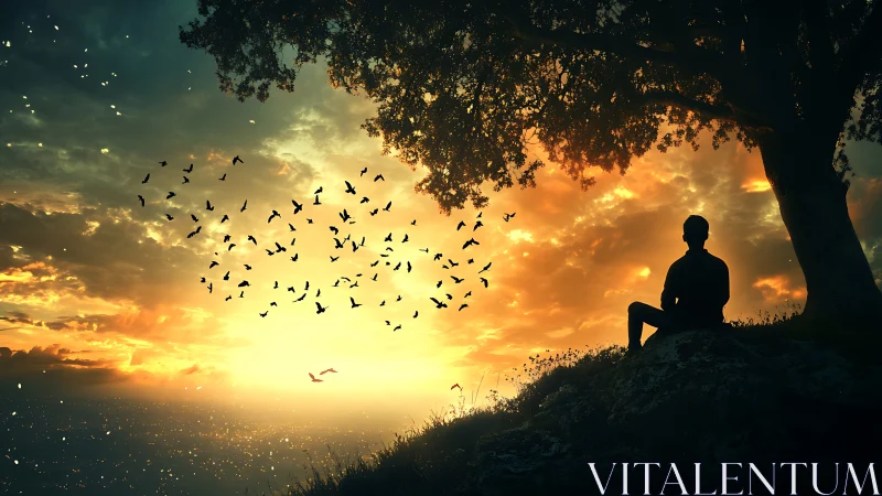 Solitary figure watches birds soar across a blazing sunset sky