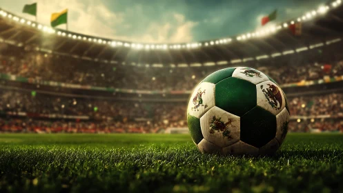 Mexican flag football on grass in crowded stadium at dusk.