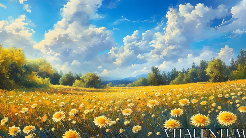 Golden daisy meadow stretches beneath towering summer clouds