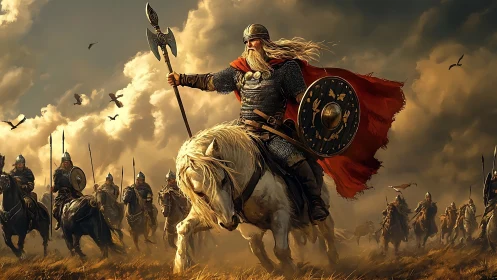 Storm-lit Viking warband rides boldly across wild plains