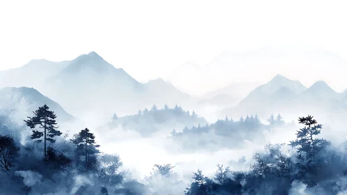 Monochrome mountain ridges with layered forest silhouettes.