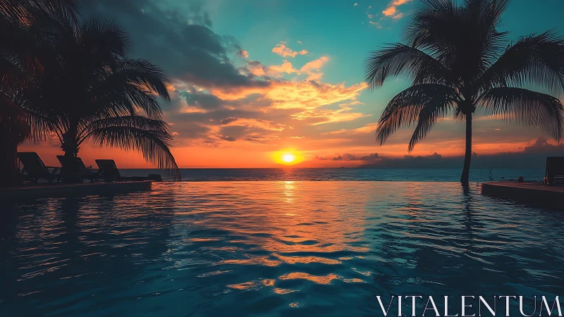 Digital sunset infinity pool with silhouetted palm framing symmetry.