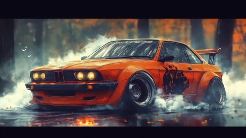 Orange drift car slicing through misty autumn forest road.