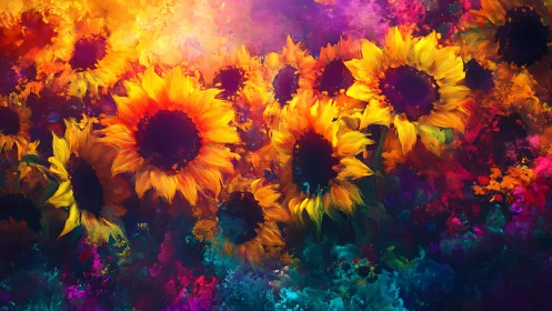 Sunflower cluster rendered in saturated abstract color field.
