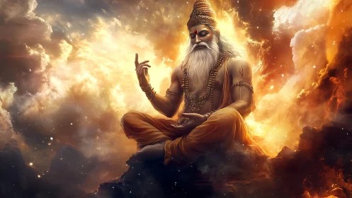 Meditating sage rendered in high dynamic range fiery cloudscape