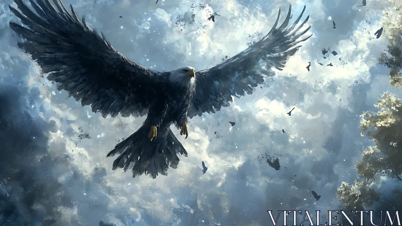 Majestic Eagle Soaring Above Clouds in Dramatic Digital Art.