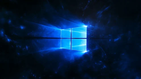 Glowing window logo radiates through deep cosmic blue space.