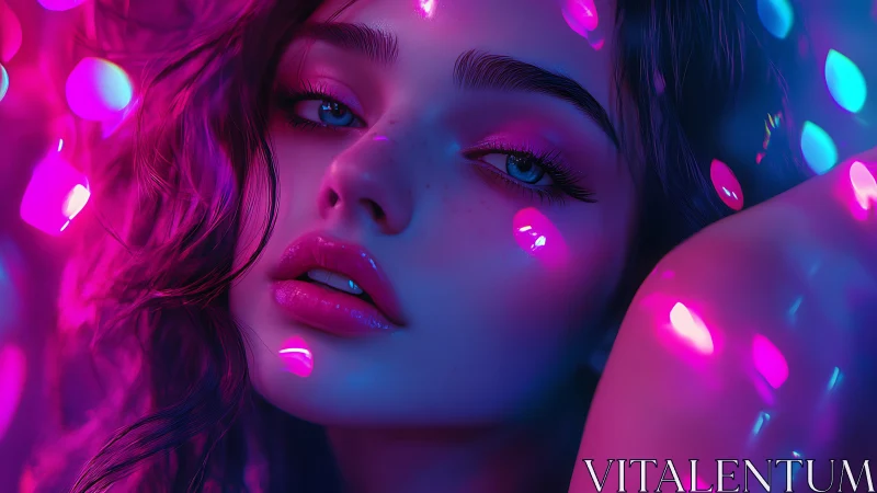 Close-up stylized female portrait under neon pink blue lights