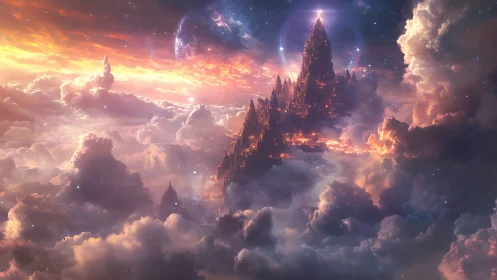 Celestial citadel rising through luminous storm clouds.