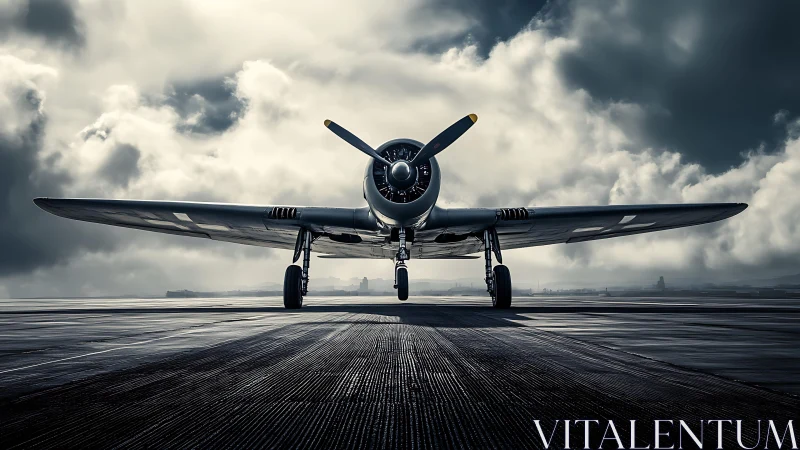 Low-angle frontal study of single-prop warbird on wet runway surface