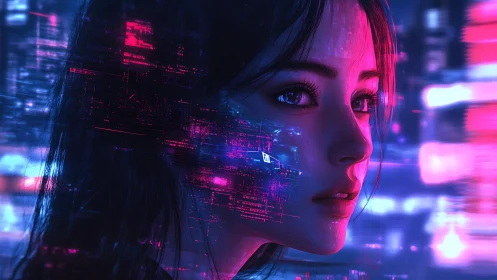 Neon-encoded cybernetic portrait with luminous data overlays.
