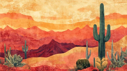 Sunlit desert cacti stand tall against glowing red mountains