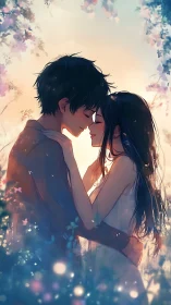 Soft sunset embrace between two gentle anime lovers.