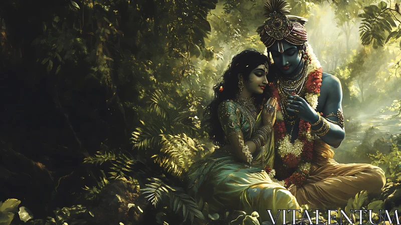 Digital painting of divine couple in luminous forest setting.