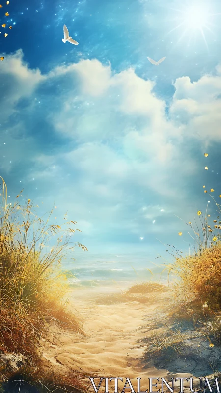 Sunlit sandy path leading to calm blue ocean horizon.