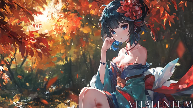 Autumn forest heroine in teal kimono under radiant foliage.