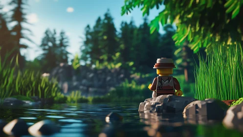 Lego explorer gazes over a tranquil forest river at dawn