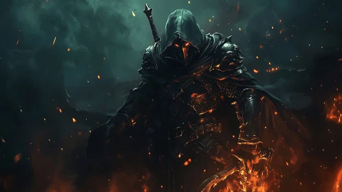 Hooded infernal knight in molten armor amid embers and smoke